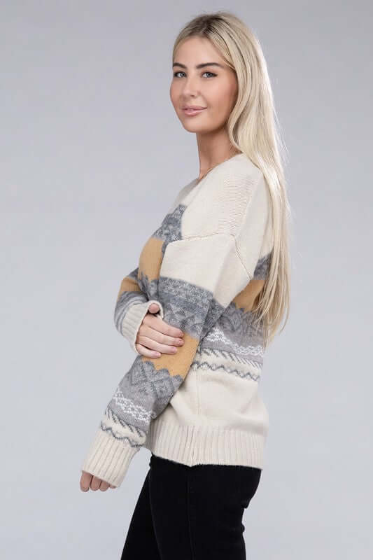 Classic Beige Stripe V Neck Sweater