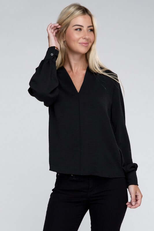 Woven Airflow V-Neck Long Sleeve Top, ZENANA, $ 26.95