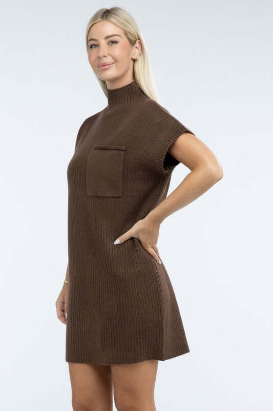 Women's Mock Neck Short Sleeve Mini Sweater Dress with Pocket, ZENANA, $ 55.00