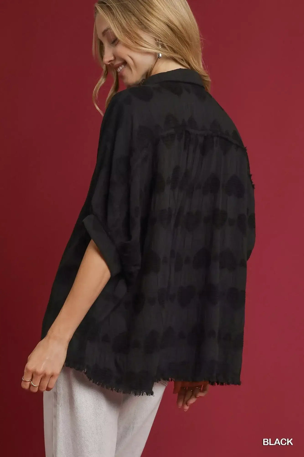 Black Jacquard Heart Collared Shirt | Elegant & Playful, Shirts, $ 60.00, A Moment Of Now™