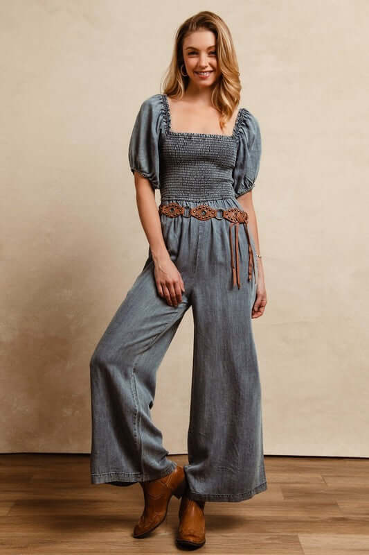 Blue Smocked Puff Sleeve Denim Jumpsuit, Jumpsuits, $ 89.00, A Moment Of Now™