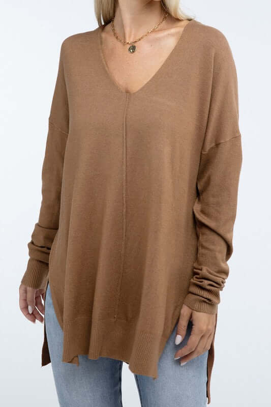 Women's Hi-Low Hem V Neck Front Seam Sweater | USA Boutique, ZENANA, $ 55.00