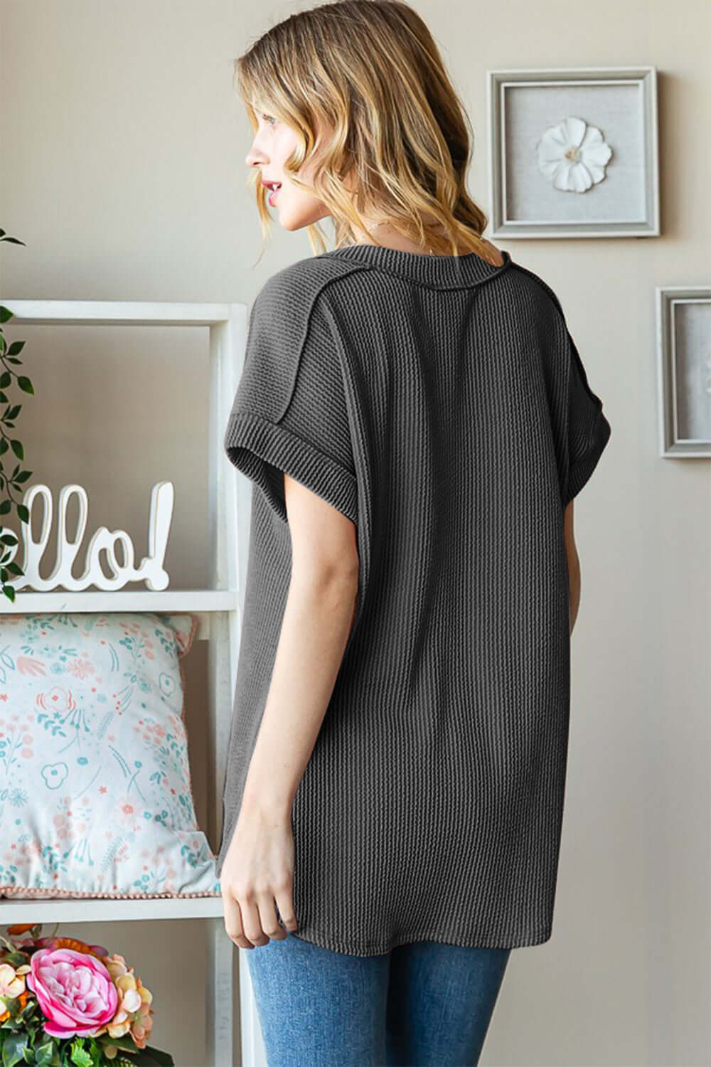 Charcoal Grey Exposed Seam Short Sleeve Ribbed Top - Chic Style, Tops, $ 33.00, A Moment Of Now™