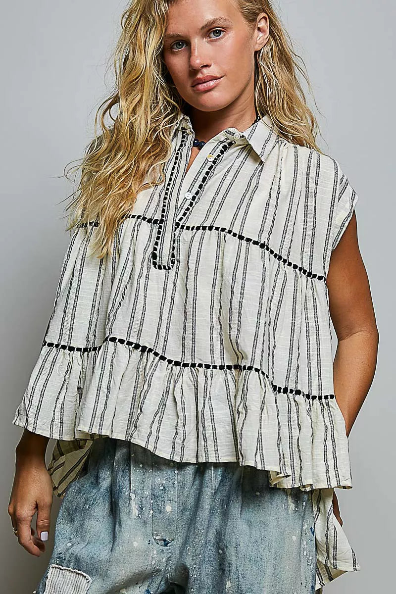 Striped Ruffle Collared Sleeveless Cotton Top | Boutique In USA, Blouses, $ 55.00, A Moment Of Now™