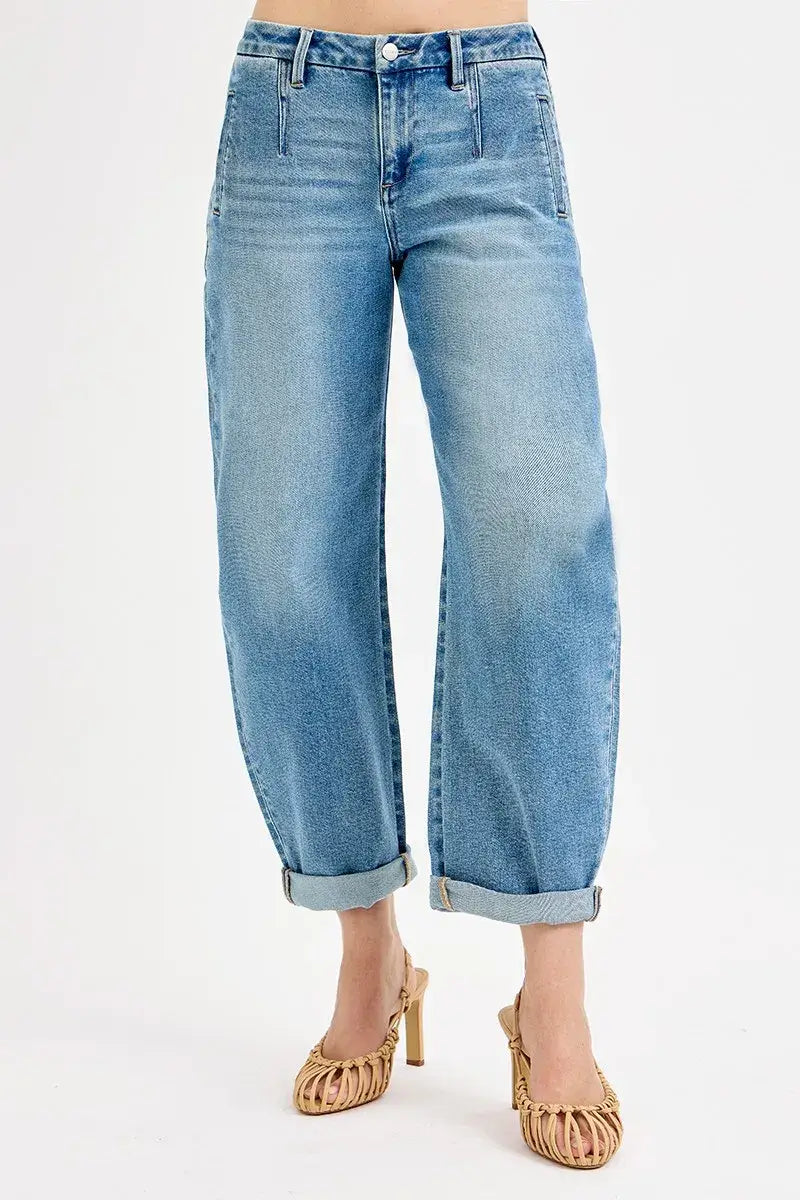 Medium Blue Mid Rise Fit Barrel Roll Up Jeans Plus Size - RISEN, Jeans, $ 75.00, A Moment Of Now™