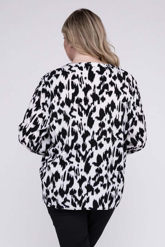 Plus Size Black & White Leopard Notched Neckline Blouse, Nuvi Apparel, $ 35.95