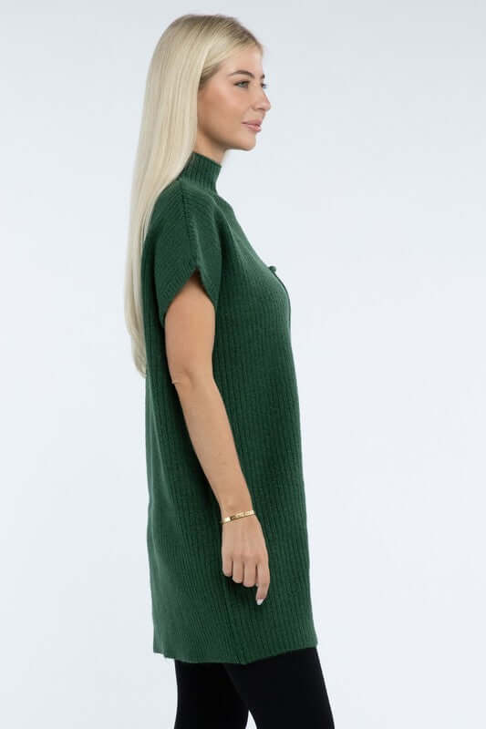 Women's Mock Neck Short Sleeve Mini Sweater Dress with Pocket, ZENANA, $ 55.00