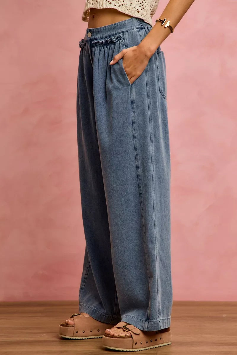 Mid Rise Ruffled Front Elastic Wide Leg Jeans | Boutique In USA, Jeans, $ 59.00, A Moment Of Now™