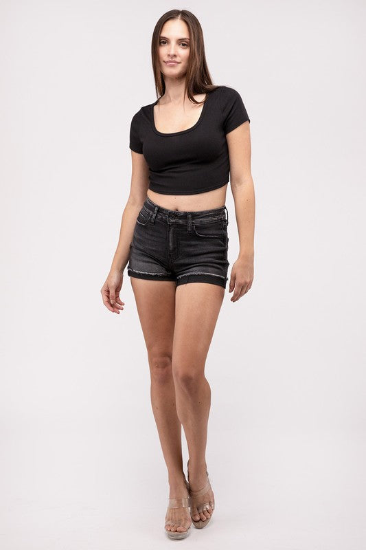 Shop Women's Washed Black Cuffed Raw Hem Denim Shorts | USA Boutique Shop, Shorts, USA Boutique