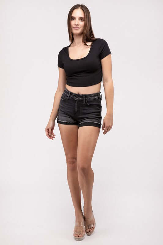 Washed Black Cuffed Raw Hem Denim Shorts, ZENANA, $ 43.95