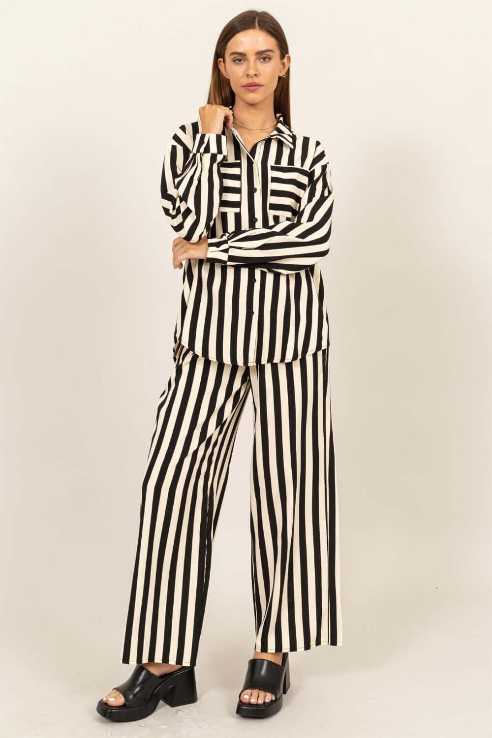 Black Striped Button Up Shirt and Pants Set, HYFVE, A Moment Of Now