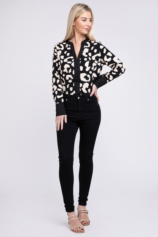 Shop Women's Black & White Leopard Notched Neck Blouse | Boutique Online, Blouses, USA Boutique