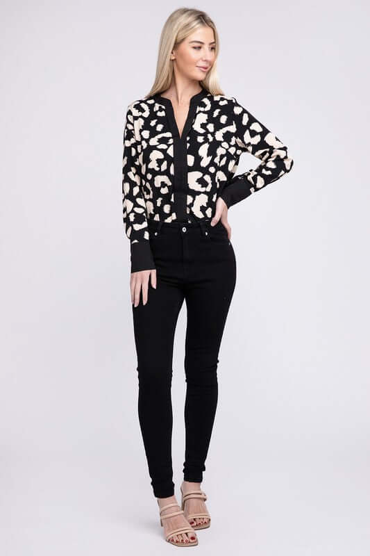 Black & White Leopard Notched Neck Blouse, Nuvi Apparel, $ 32.95