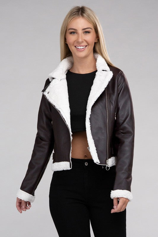 Shop Brown Plush Teddy Trimmed PU Jacket For Women | Boutique Clothing, Jackets, USA Boutique