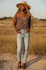 Taupe Brown Leopard Knitted Lightweight V Neck Tank Top