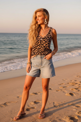 Taupe Brown Leopard Knitted Lightweight V Neck Tank Top
