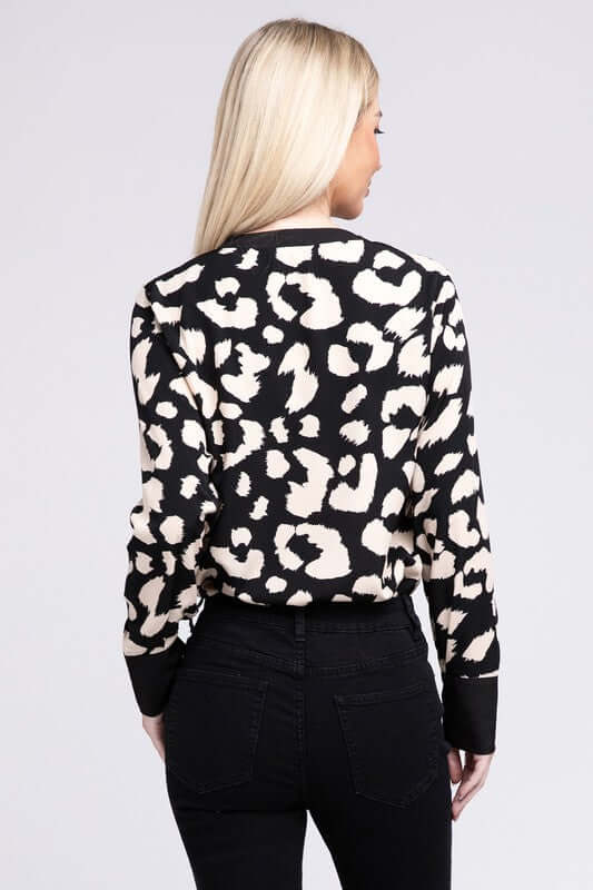 Shop Women's Black & White Leopard Notched Neck Blouse | Boutique Online, Blouses, USA Boutique