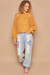 Honey Mustard Cable Knit Cutout Long Sleeve Sweater, POL, $ 49.00