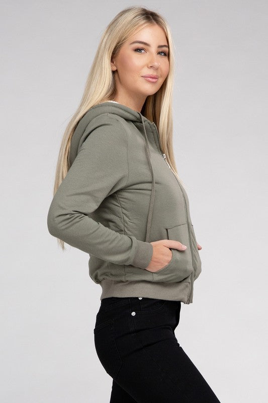 Fuzzy Trim Zip-Up Crop Hoodie Jacket