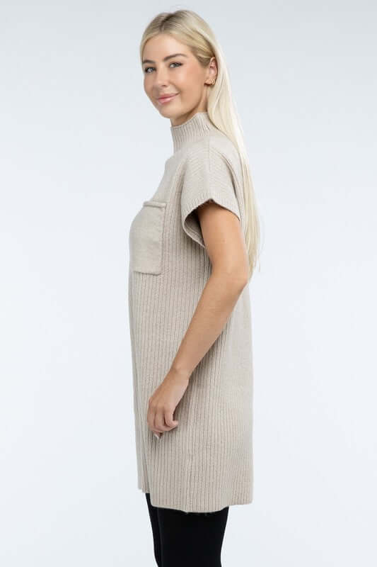 Women's Mock Neck Short Sleeve Mini Sweater Dress with Pocket, ZENANA, $ 55.00