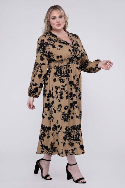 Shop Plus Size Women's Brown Floral Print Smocked High Waist Midi Dress , Dresses, USA Boutique