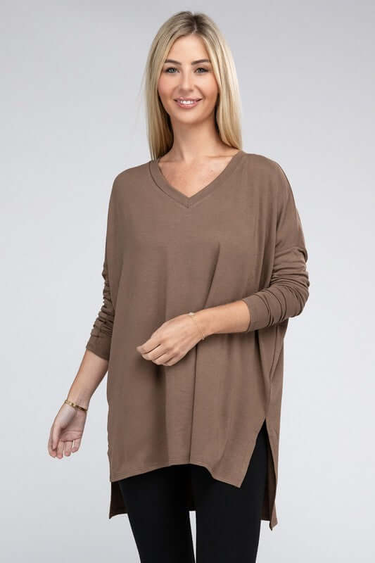 Dolman Long Sleeve V-Neck Side Slit Hi-Low Hem Top, ZENANA, $ 19.00