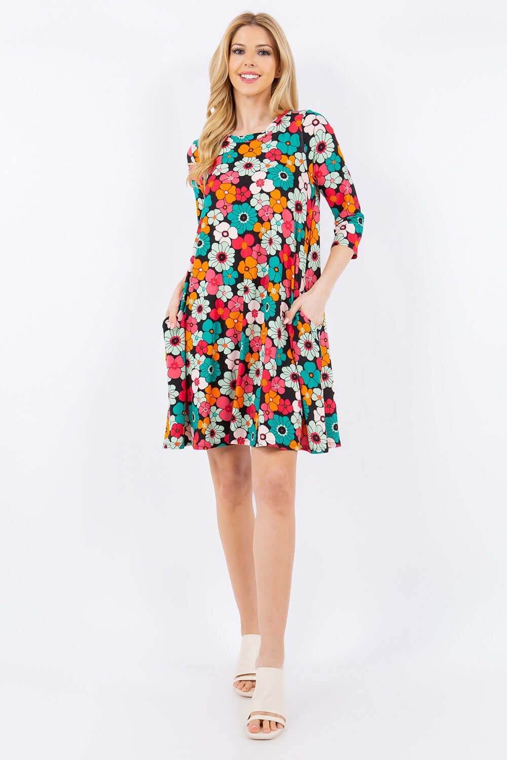 Black Floral Three-Quarter Sleeve Midi Dress with Pockets, Celeste, A Moment Of Now