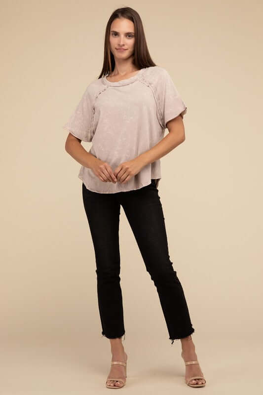 Back Patch Crinkle Washed Raglan Sleeve T-Shirt, ZENANA, $ 27.95