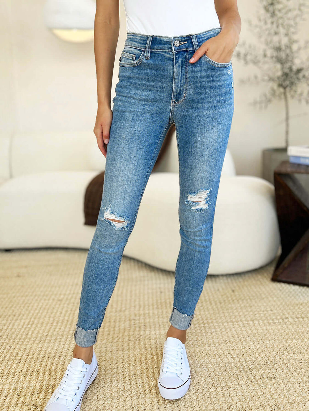 Medium Blue Mid Rise Destroy & Cuff Skinny Jeans - Chic Style, jeans, $ 69.00, A Moment Of Now™