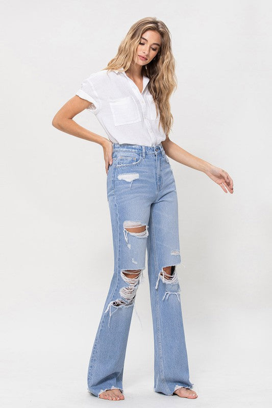 90s Vintage Light Denim Distressed Flare Jeans