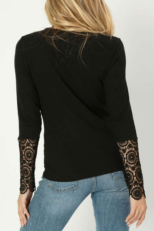 Henley Neck Tee T-shirt with Lace Trim