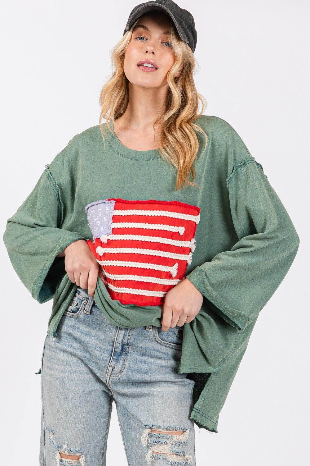 Teal American Flag Patch Drop Shoulder T-Shirt, SAGE + FIG, $ 53.00