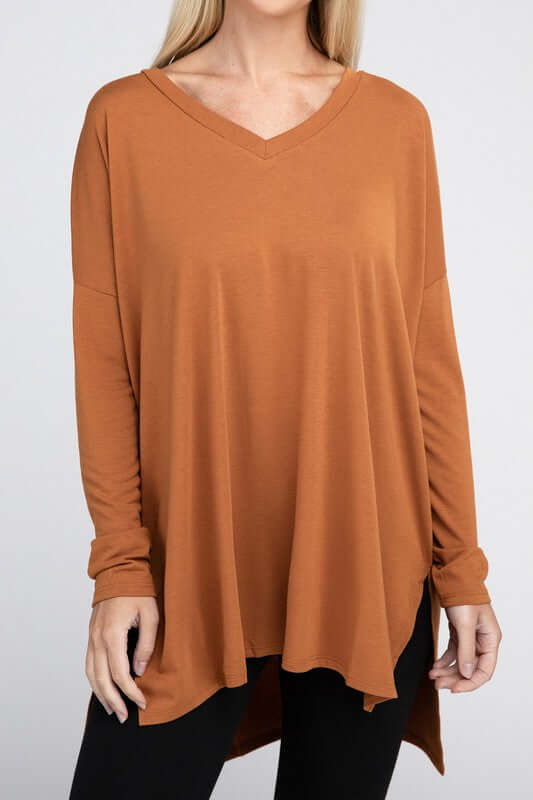 Dolman Long Sleeve V-Neck Side Slit Hi-Low Hem Top, ZENANA, $ 19.00