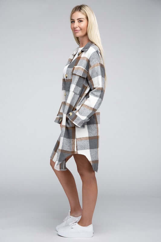 Shop Grey White Plaid Drop Shoulder Long Shirt | Boutique Clothing & Shoes, Shirts, USA Boutique