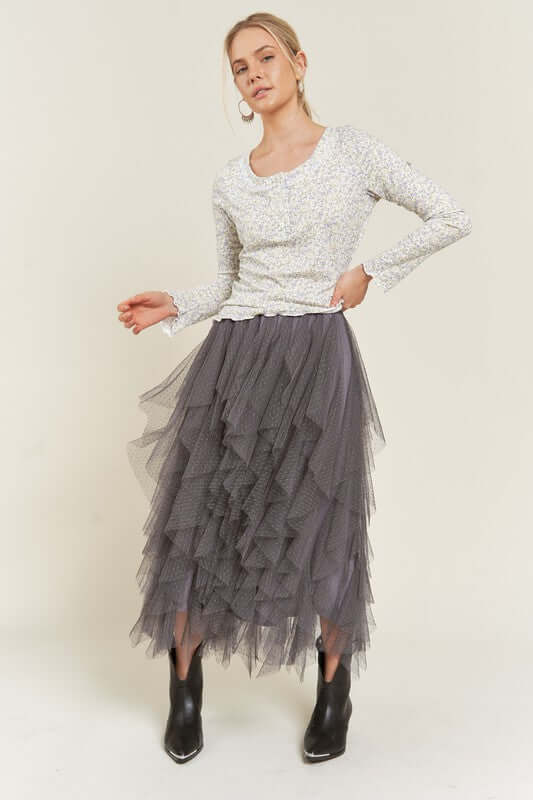 LAYERED POLKA DOT MESH LINED A-LINE MIDI SKIRT, Jade By Jane, $ 62.00