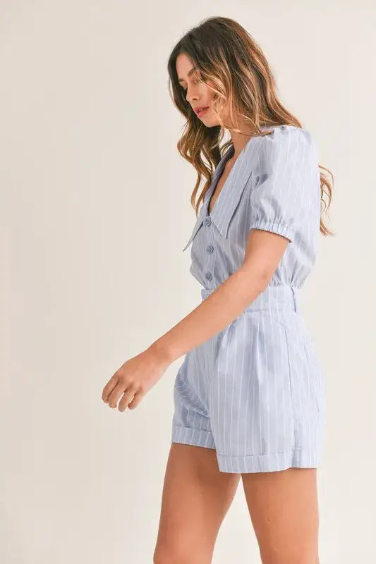 Light Blue Striped Puff Sleeve Collared Neck Romper - Chic Style, Rompers, $ 65.00, A Moment Of Now™