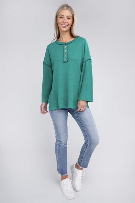 Ribbed Brushed Melange Hacci Henley Sweater, ZENANA, $ 29.00