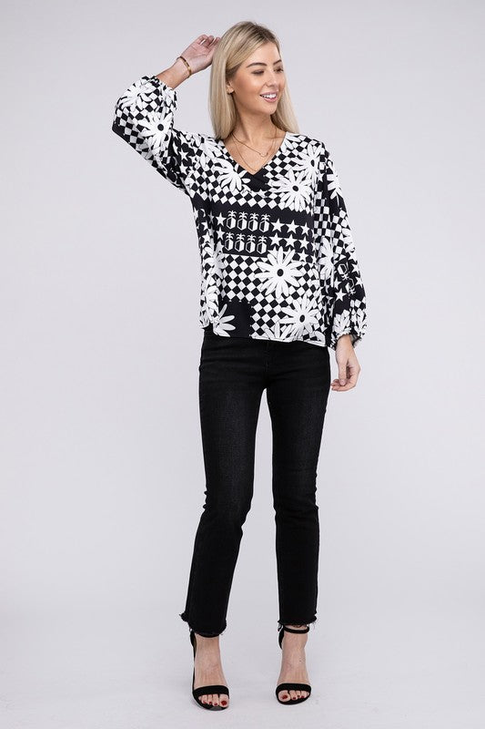 Shop Women's Black & White Floral Print V Neck Lantern Sleeve Blouse, Tops, USA Boutique