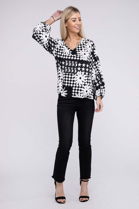 Black & White Floral Print V Neck Lantern Sleeve Blouse, Nuvi Apparel, $ 32.95