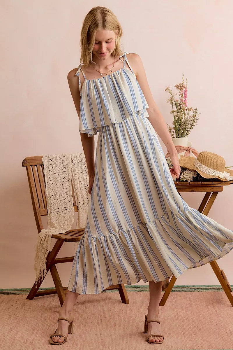 Stripe Tiered Shoulder Tie Midi Lined Dress | Boutique In USA, Dresses, $ 59.00, A Moment Of Now™