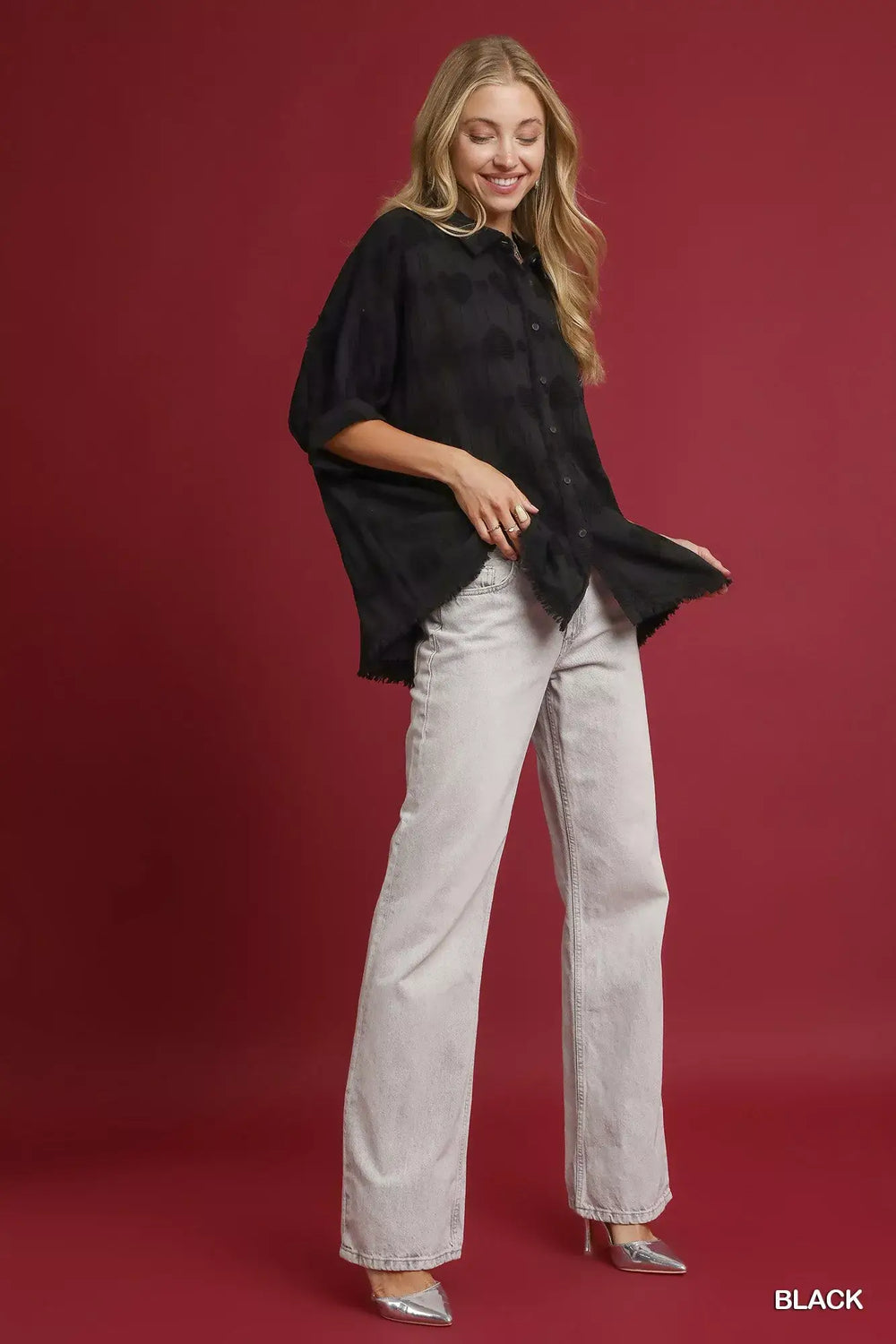 Black Jacquard Heart Collared Shirt | Elegant & Playful, Shirts, $ 60.00, A Moment Of Now™