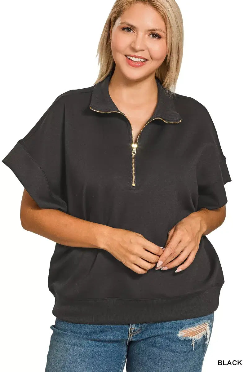Zenana Scuba High Neck Half Zip Short Sleeve Top | Plus Size, Tops, $ 33.00, A Moment Of Now™