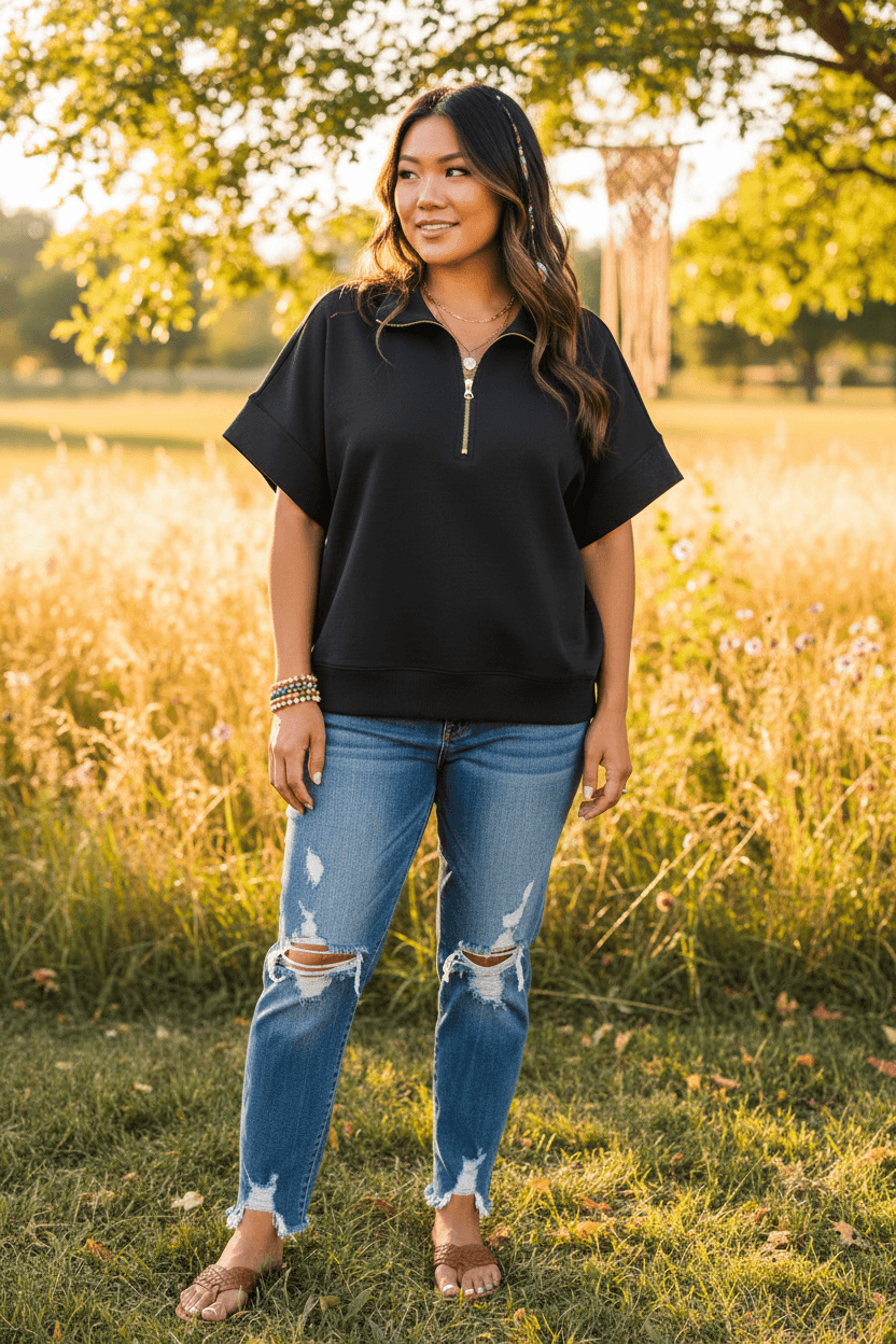 Zenana Scuba High Neck Half Zip Short Sleeve Top | Plus Size, Tops, $ 33.00, A Moment Of Now™