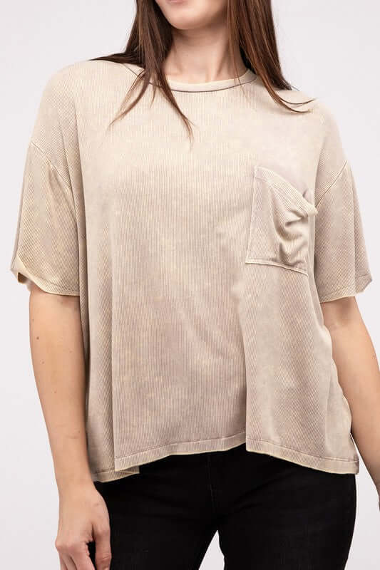 Washed Ribbed Cuffed Short Sleeve Round Neck Top, ZENANA, $ 32.95