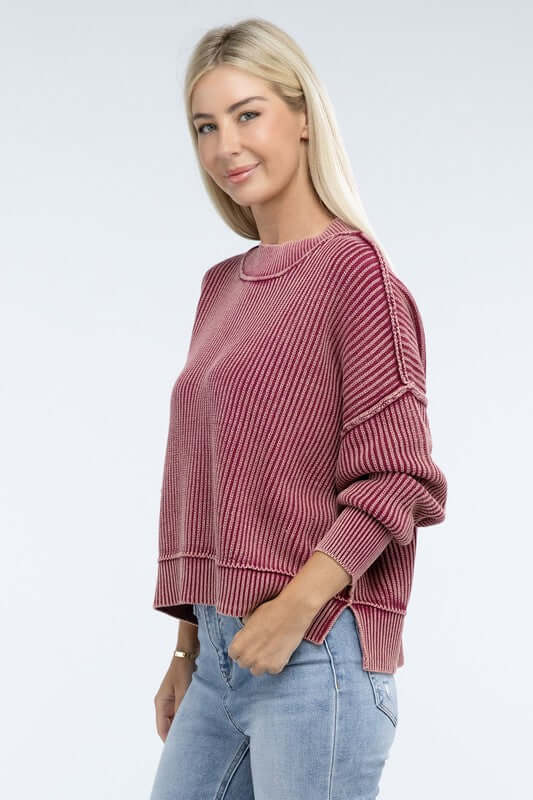 Washed Side Slit Oversized Cropped Sweater, ZENANA, $ 55.00