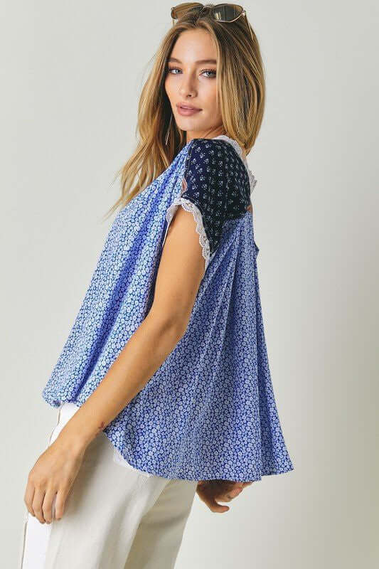 Printed Lace V-Neck Short Sleeve Loose Top, Davi & Dani, $ 49.00