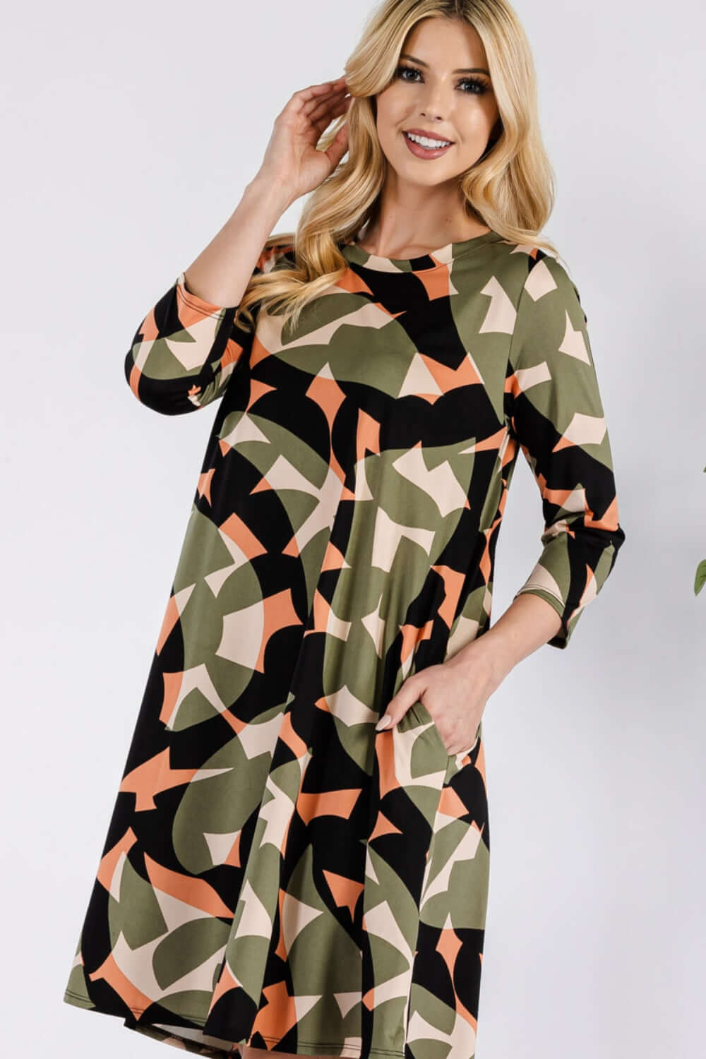 Olive Geometric Round Neck Dress with Pockets, Celeste, A Moment Of Now