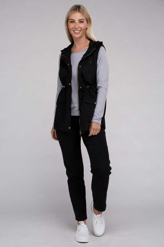 Drawstring Waist Military Hoodie Vest Jacket