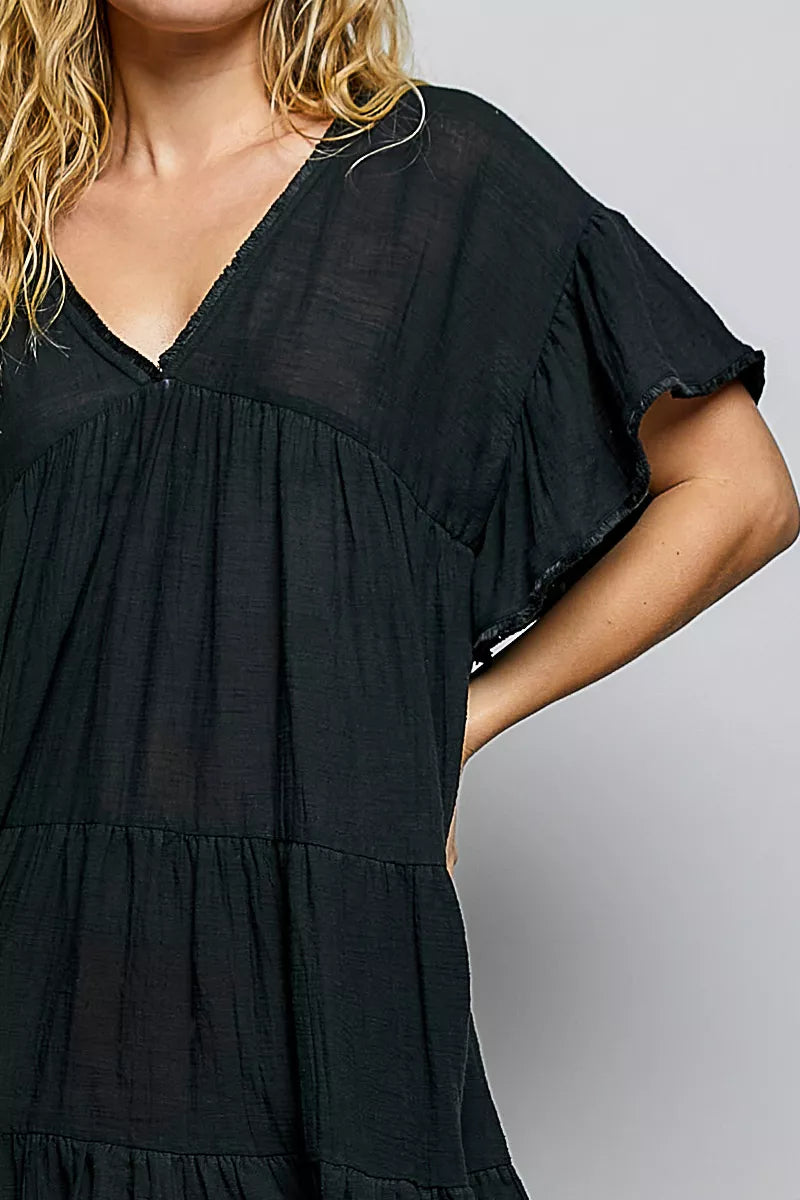Ruffle Shirred V-Neck Short Sleeve Cotton Dress | Boutique In USA, Dresses, $ 57.00, A Moment Of Now™