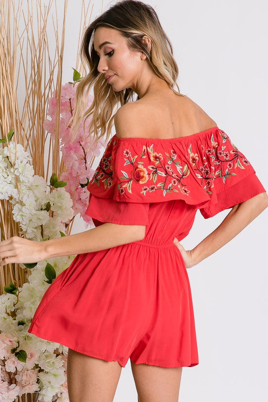 Shop Floral Embroidered Off Shoulder Romper | USA Women's Boutique Online, Rompers, USA Boutique